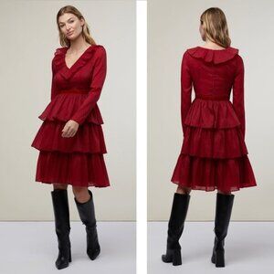 NWT Rachel Parcell Ruffle Tiered Dress Size 2 Chiffon Flocked Dot Deep Red